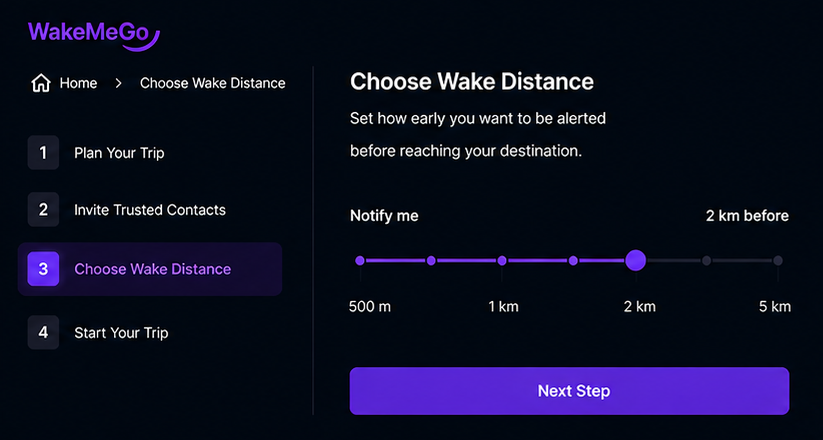 WakeMeGo Choose Wake Distance screen