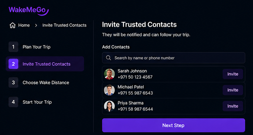 WakeMeGo Invite Trusted Contacts screen