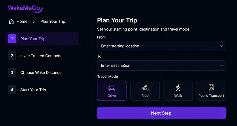 WakeMeGo Plan Your Trip screen