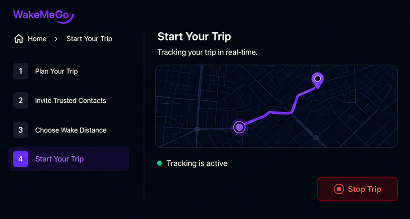 WakeMeGo Start Your Trip screen